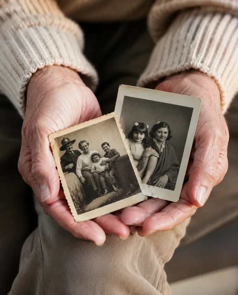 Manos de una persona mayor sosteniendo fotografías familiares antiguas