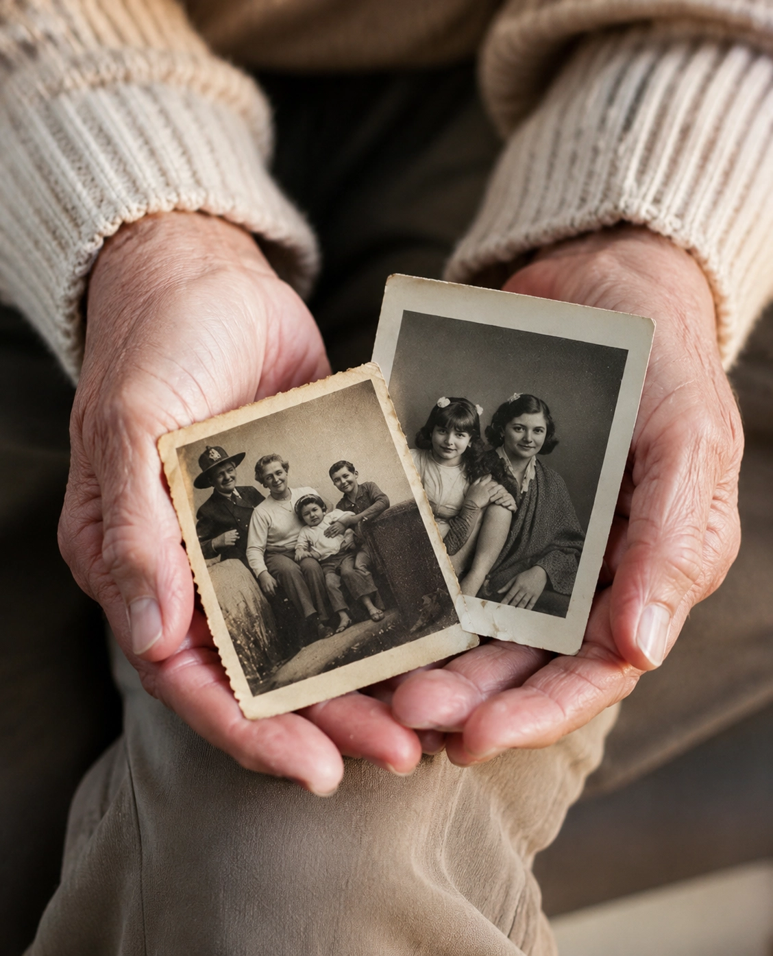 Manos de una persona mayor sosteniendo fotografías familiares antiguas