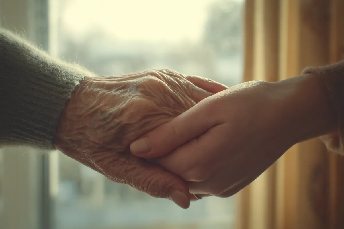 Abuela y nieta tomadas de la mano junto a una ventana durante una entrevista documental familiar