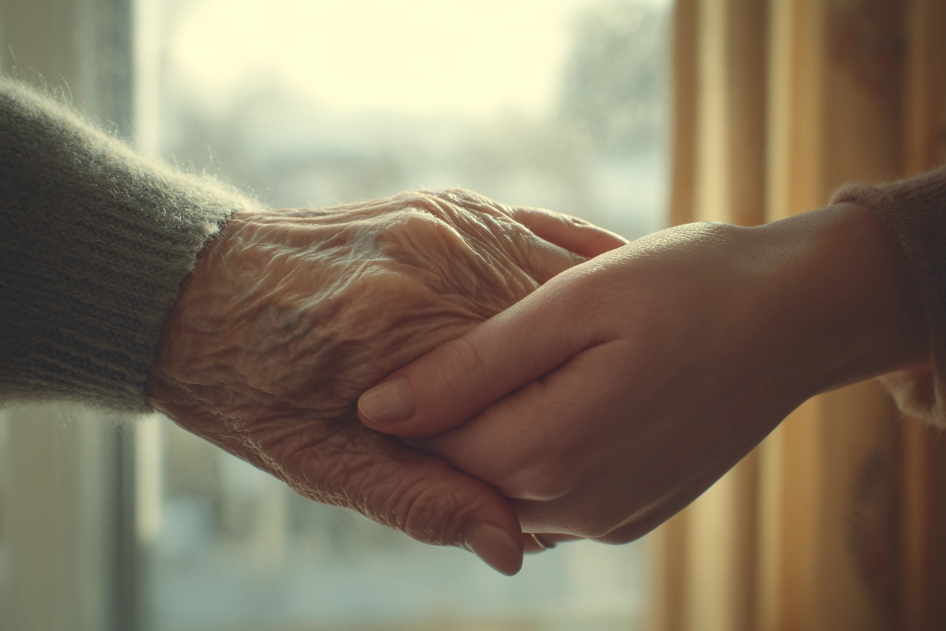 Abuela y nieta tomadas de la mano junto a una ventana durante una entrevista documental familiar